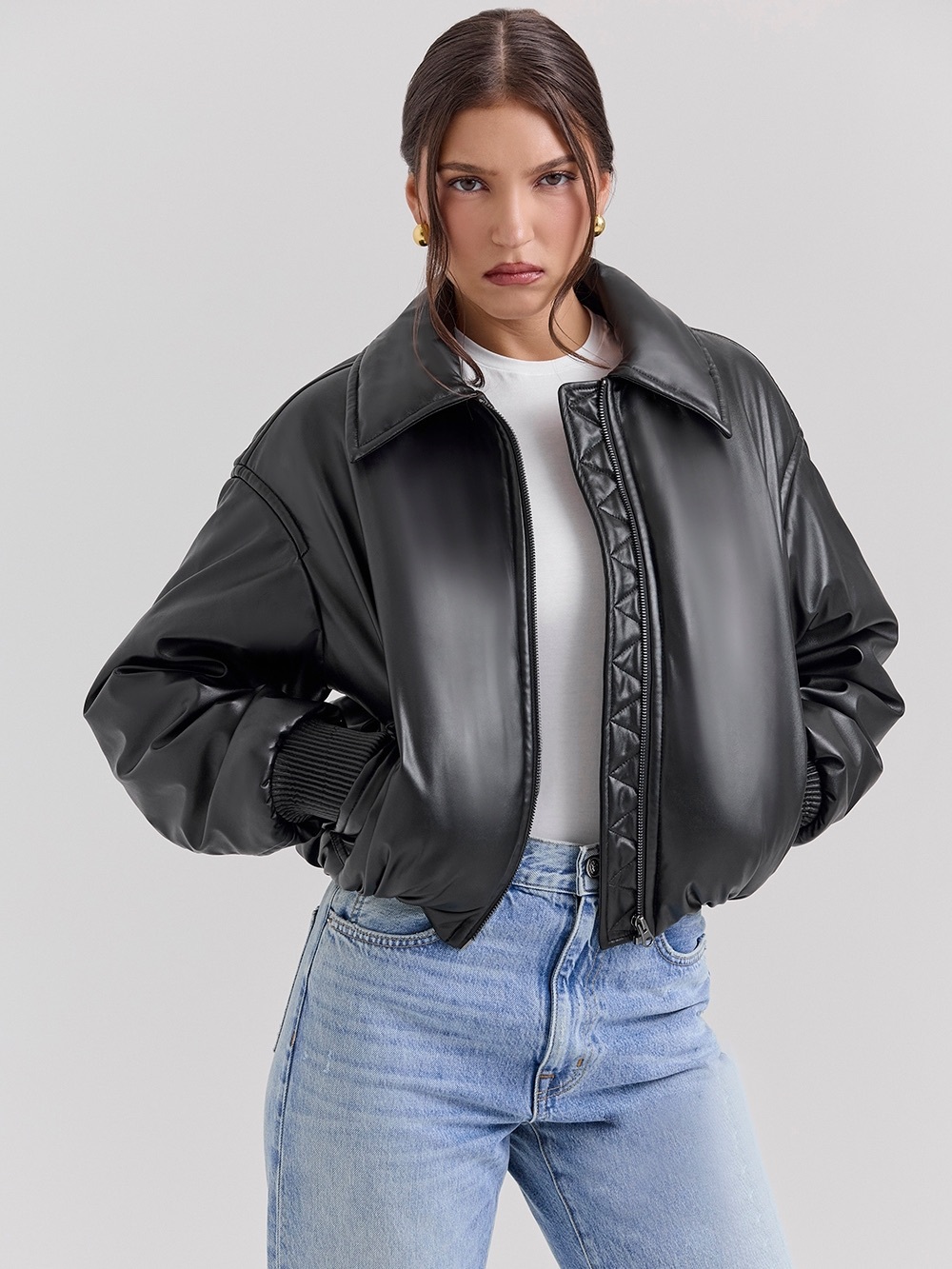 House of CB Sante Black Vegan Leather Bomber Jacket Size L‎